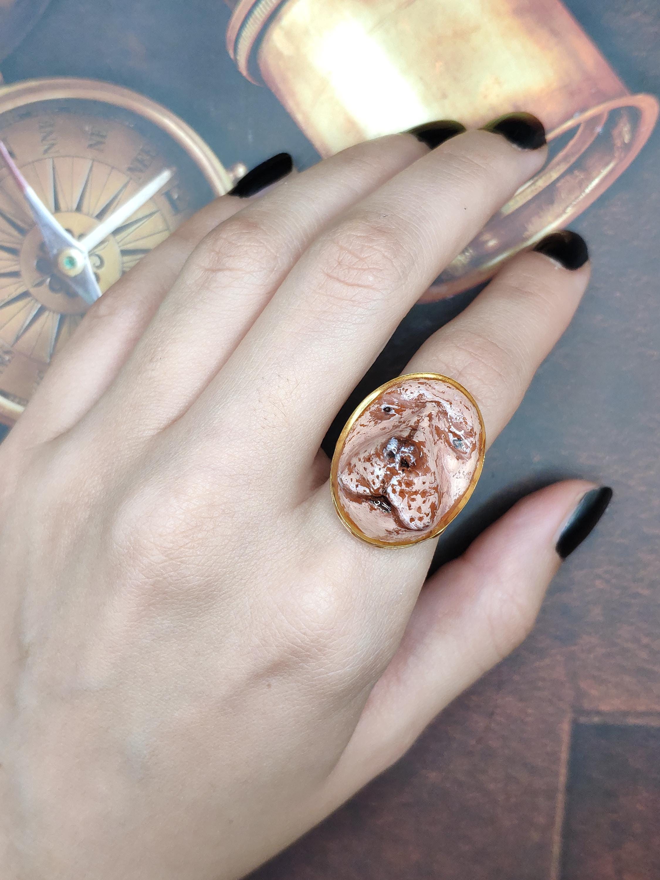 Human Dog Chimera Ring ā Handmade Clay Surreal Statement Jewelry, Sculptural Fantasy Wearable Art on Adjustable Stainless Steel Band OOAK