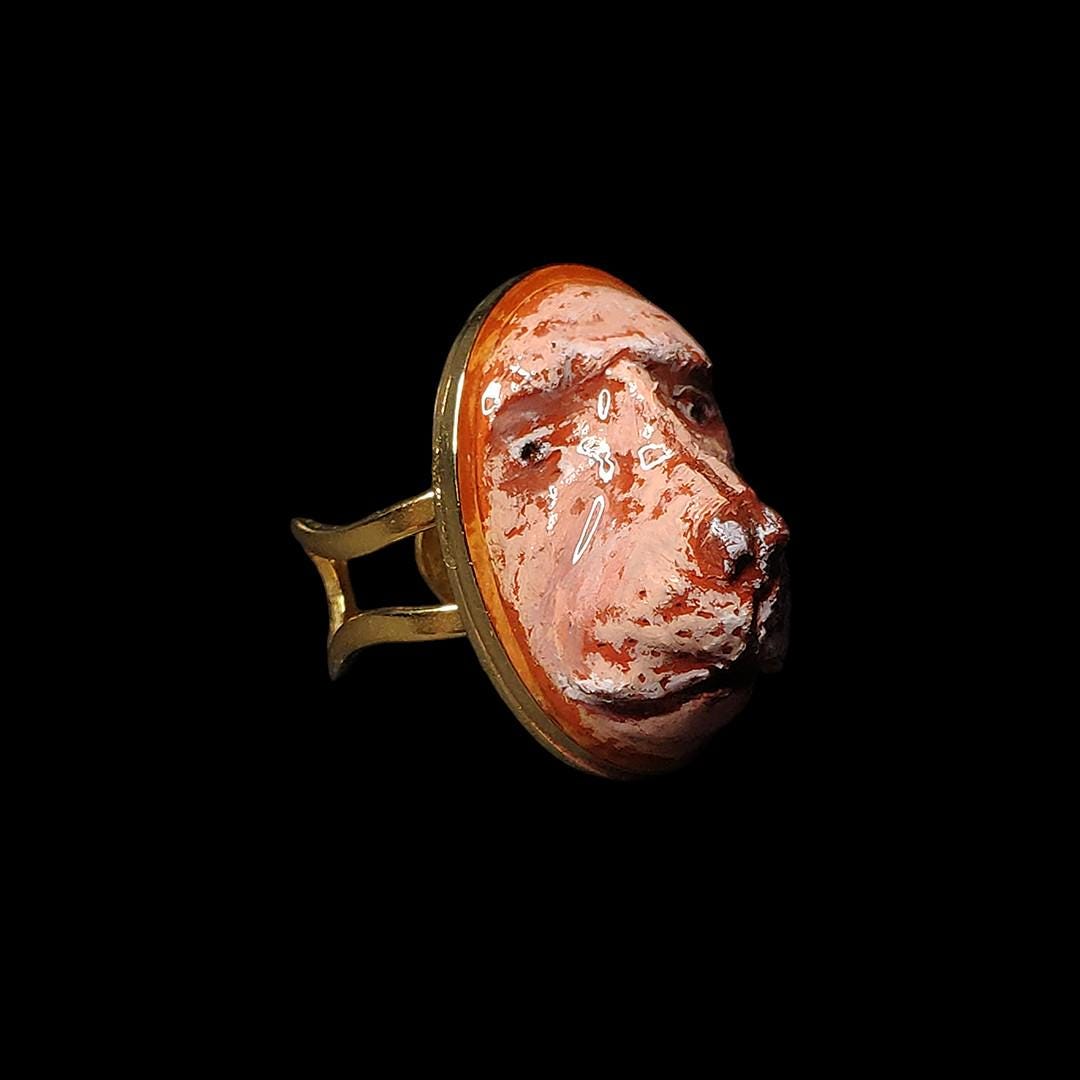 Human Dog Chimera Ring ā Handmade Clay Surreal Statement Jewelry, Sculptural Fantasy Wearable Art on Adjustable Stainless Steel Band OOAK