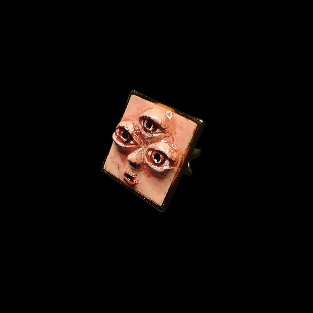 Third Eye Ring ā Handmade Clay & Resin Surreal Face Jewelry, Mystical Sculptural Statement Art on Adjustable Stainless Steel Band