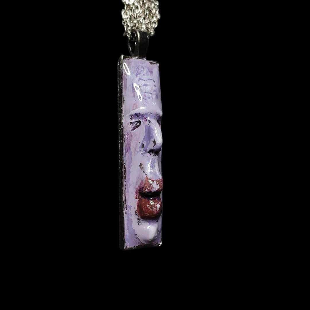 Purple Face Necklace ā Handmade Clay & Resin Surreal Statement Jewelry, Sculptural Artistic Wearable Art with Alloy Pendant / Chain OOAK