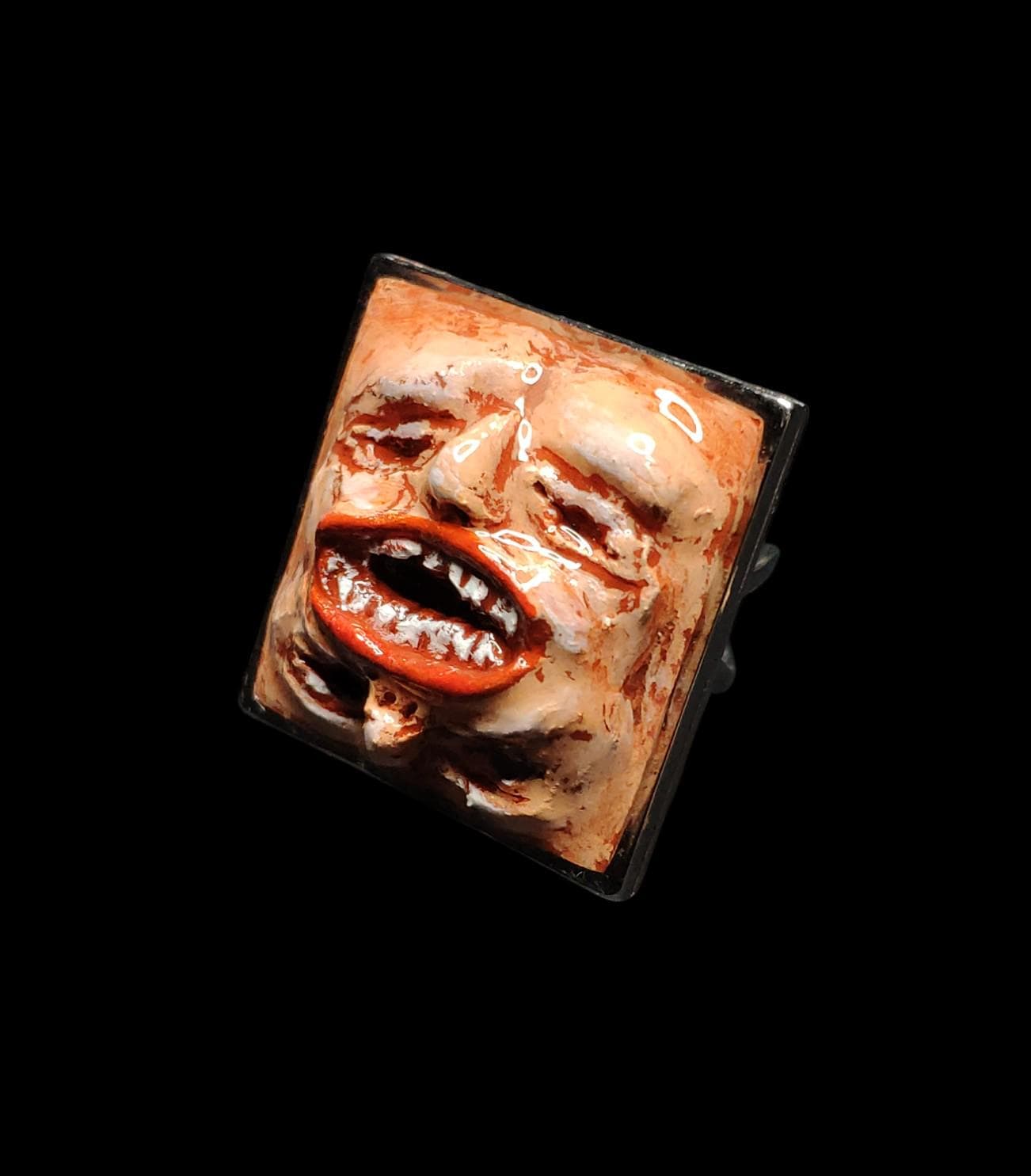 Double Face Ring ā Handmade Clay Dark Surreal Statement Jewelry, Sculptural Fantasy Wearable Art on Adjustable Stainless Steel Band OOAK
