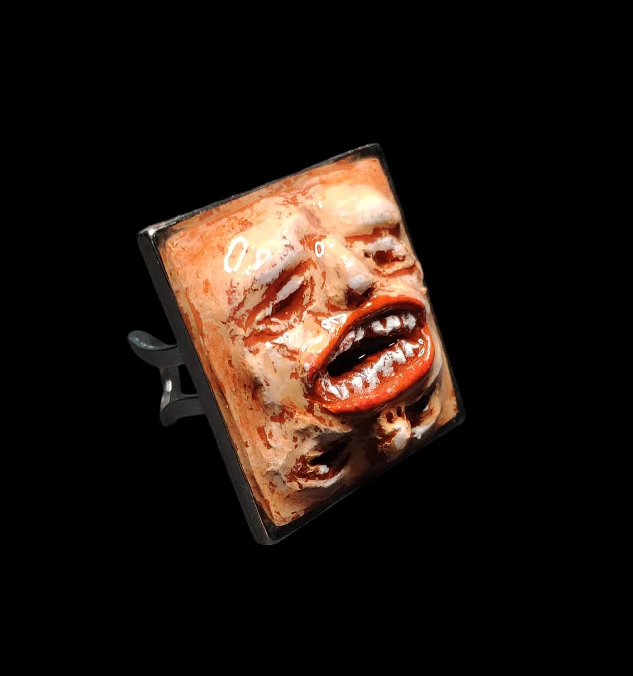 Double Face Ring ā Handmade Clay Dark Surreal Statement Jewelry, Sculptural Fantasy Wearable Art on Adjustable Stainless Steel Band OOAK