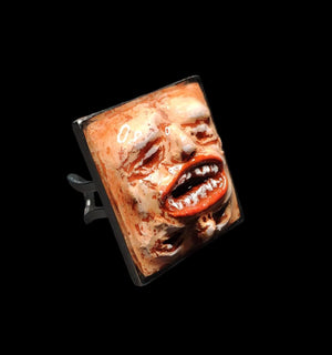 Double Face Ring ā Handmade Clay Dark Surreal Statement Jewelry, Sculptural Fantasy Wearable Art on Adjustable Stainless Steel Band OOAK
