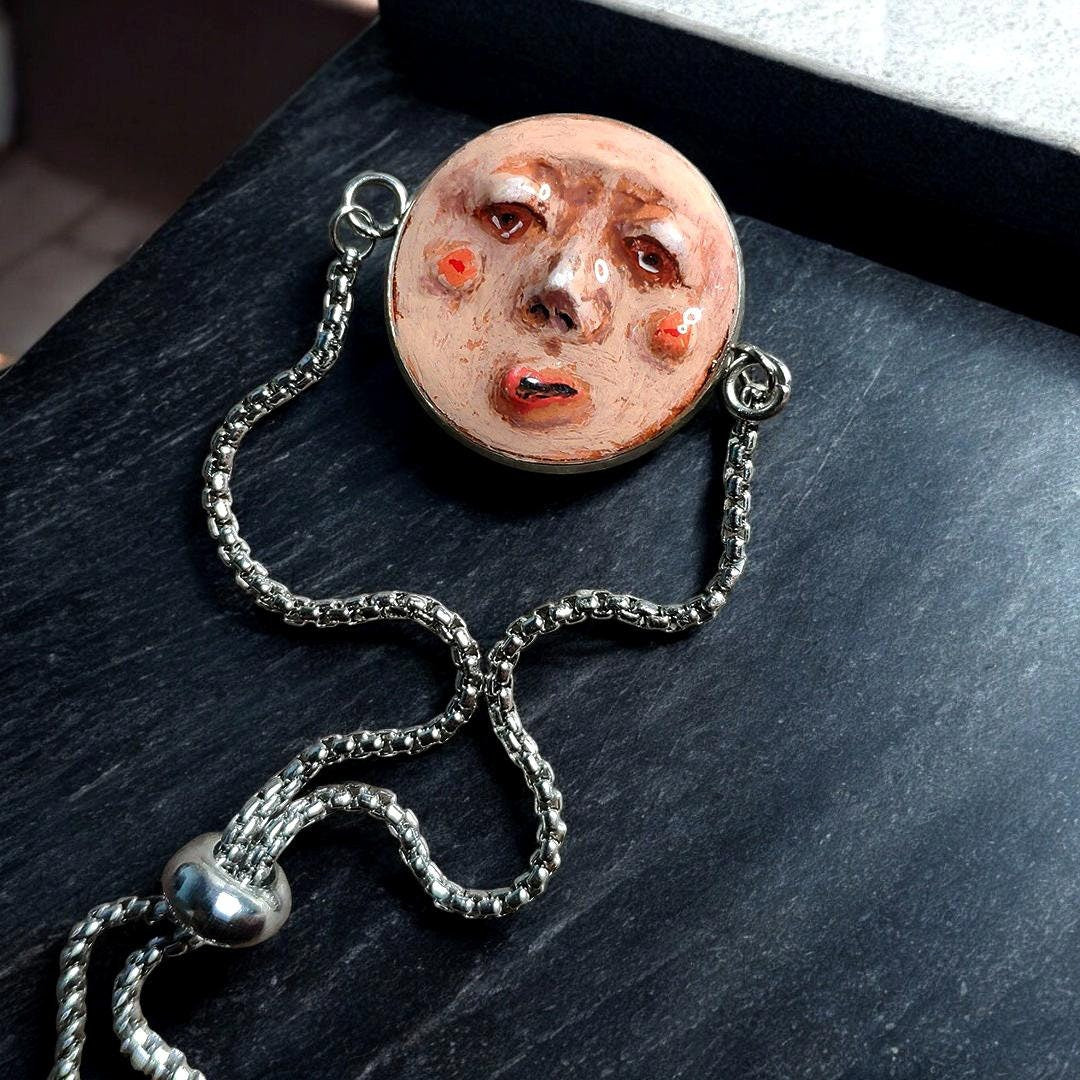Face Bracelet – Handmade Clay & Resin Surreal Statement Jewelry, Sculptural Artistic Wearable Art with Adjustable Stainless Steel Band OOAK
