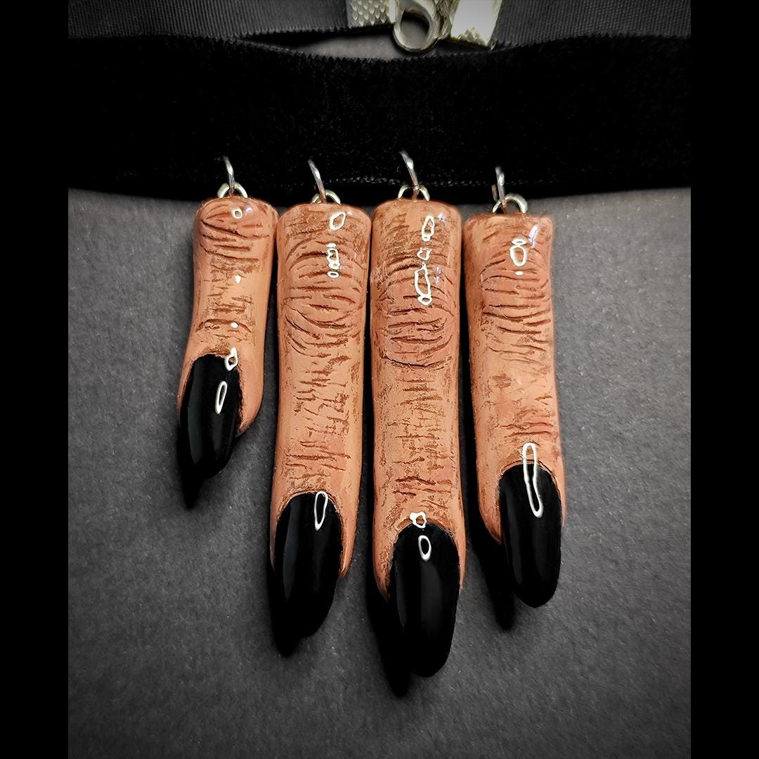 Four Fingers Choker ā Handmade Clay & Resin Surreal Statement Necklace with Black Nails, Sculptural Wearable Art OOAK