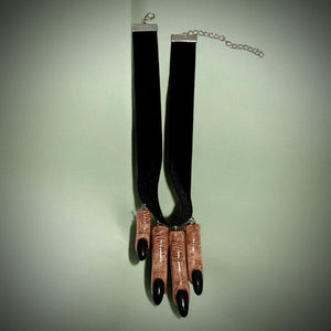 Four Fingers Choker ā Handmade Clay & Resin Surreal Statement Necklace with Black Nails, Sculptural Wearable Art OOAK