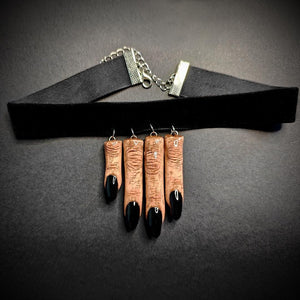 Four Fingers Choker ā Handmade Clay & Resin Surreal Statement Necklace with Black Nails, Sculptural Wearable Art OOAK