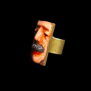 Mustache Face Ring ā Handmade Clay & Resin Surreal Statement Jewelry, Sculptural Wearable Art on Adjustable Copper Zinc Alloy Band OOAK