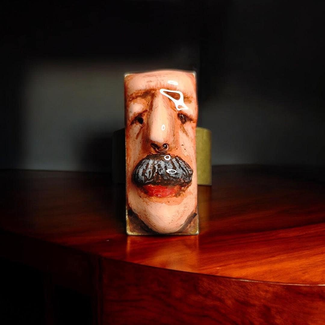 Mustache Face Ring – Handmade Clay & Resin Surreal Statement Jewelry, Sculptural Wearable Art on Adjustable Copper Zinc Alloy Band OOAK