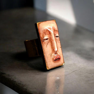 Closed Eyes Ring ā Handmade Clay & Resin Surreal Statement Jewelry, Sculptural Wearable Art on Adjustable Copper Zinc Alloy Band OOAK