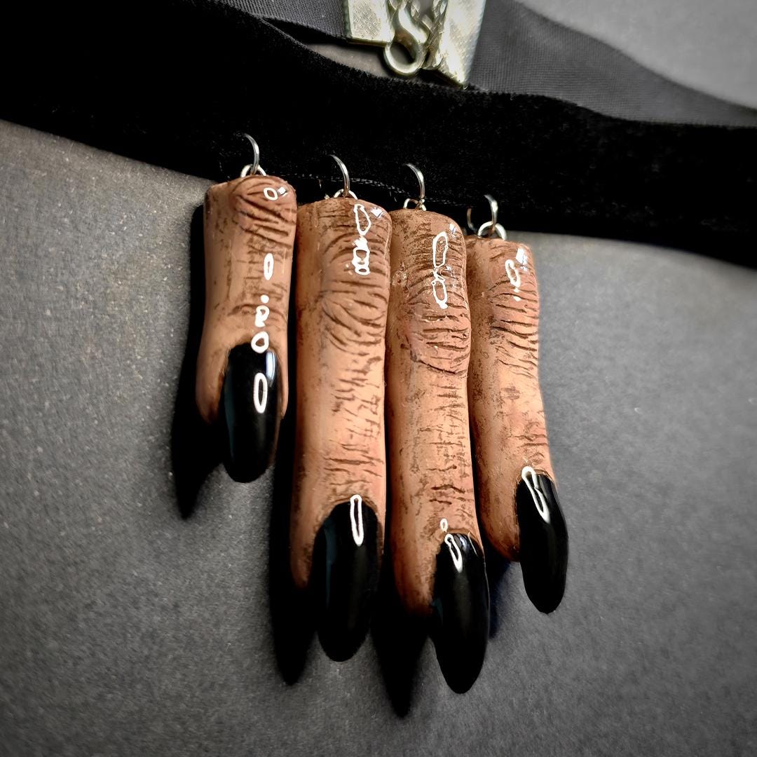 Four Fingers Choker ā Handmade Clay & Resin Surreal Statement Necklace with Black Nails, Sculptural Wearable Art OOAK