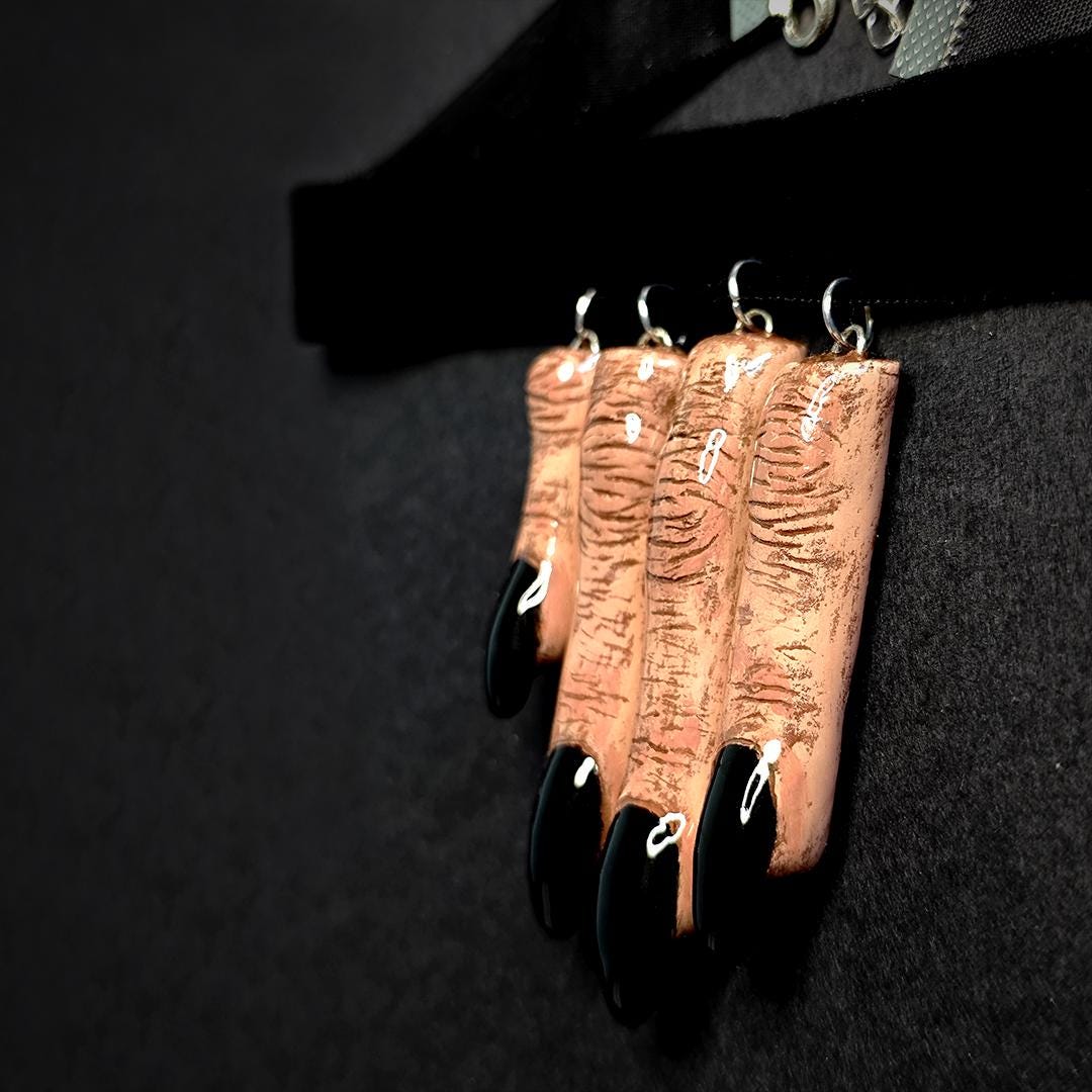 Four Fingers Choker ā Handmade Clay & Resin Surreal Statement Necklace with Black Nails, Sculptural Wearable Art OOAK