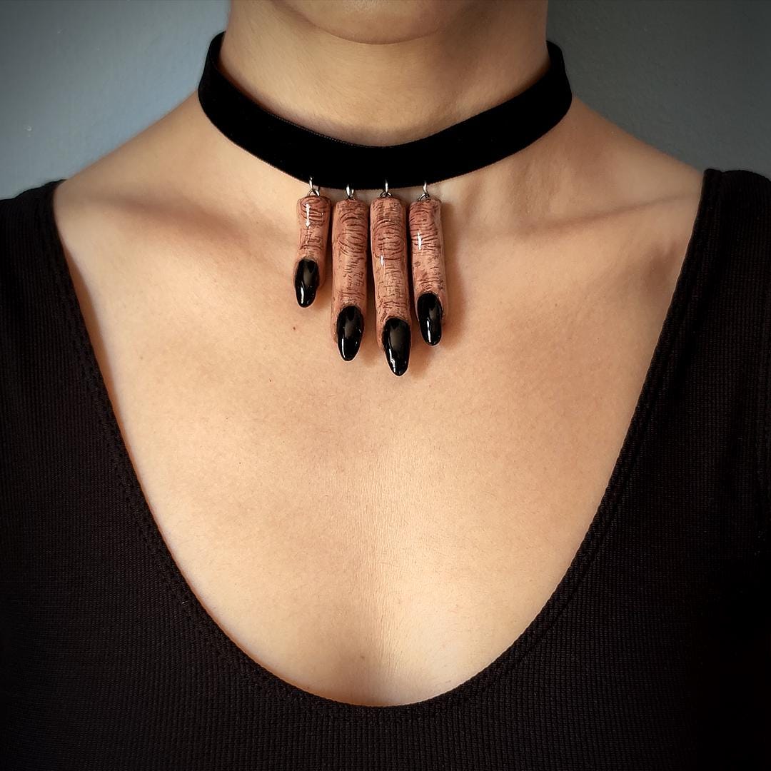 Four Fingers Choker ā Handmade Clay & Resin Surreal Statement Necklace with Black Nails, Sculptural Wearable Art OOAK