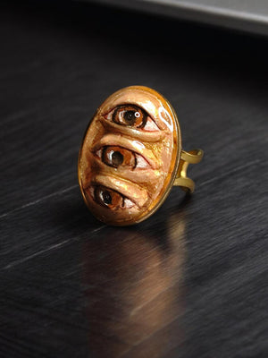 Oval Three Eyes Ring ā Handmade Clay & Resin Surreal Statement Jewelry, Sculptural Fantasy Wearable Art on Adjustable Stainless Steel Band