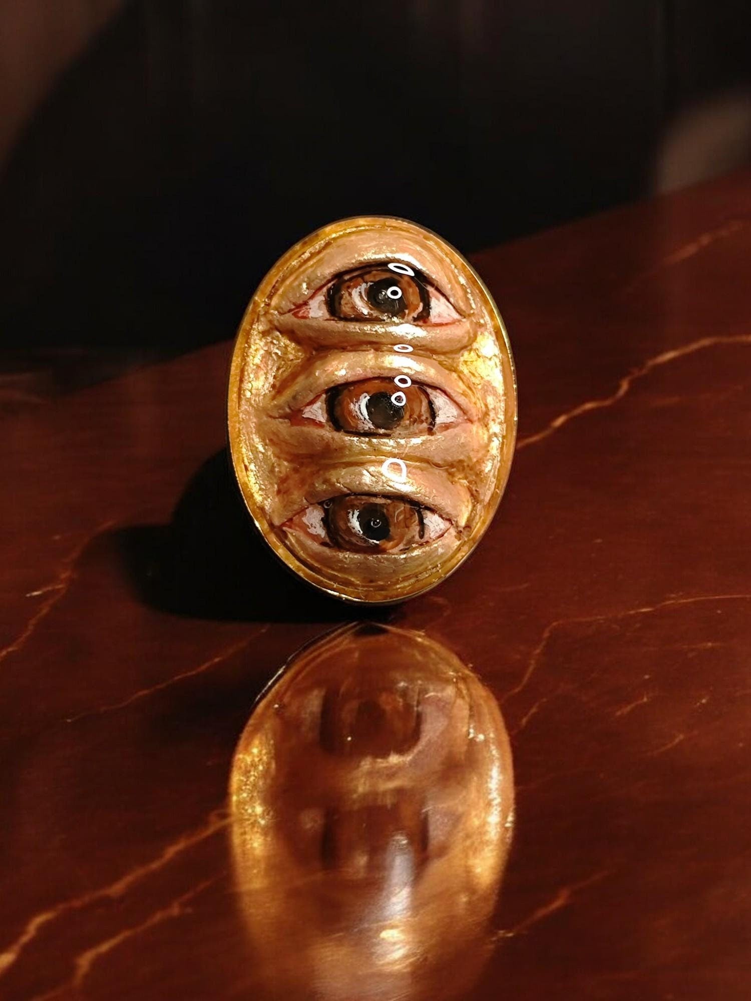 Oval Three Eyes Ring – Handmade Clay & Resin Surreal Statement Jewelry, Sculptural Fantasy Wearable Art on Adjustable Stainless Steel Band