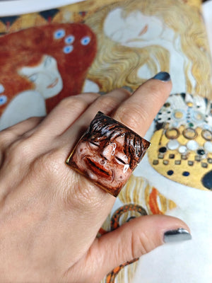 Smiling Man Ring ā Handmade Clay & Resin Surreal Statement Jewelry, Sculptural Wearable Art on Adjustable Stainless Steel Band OOAK