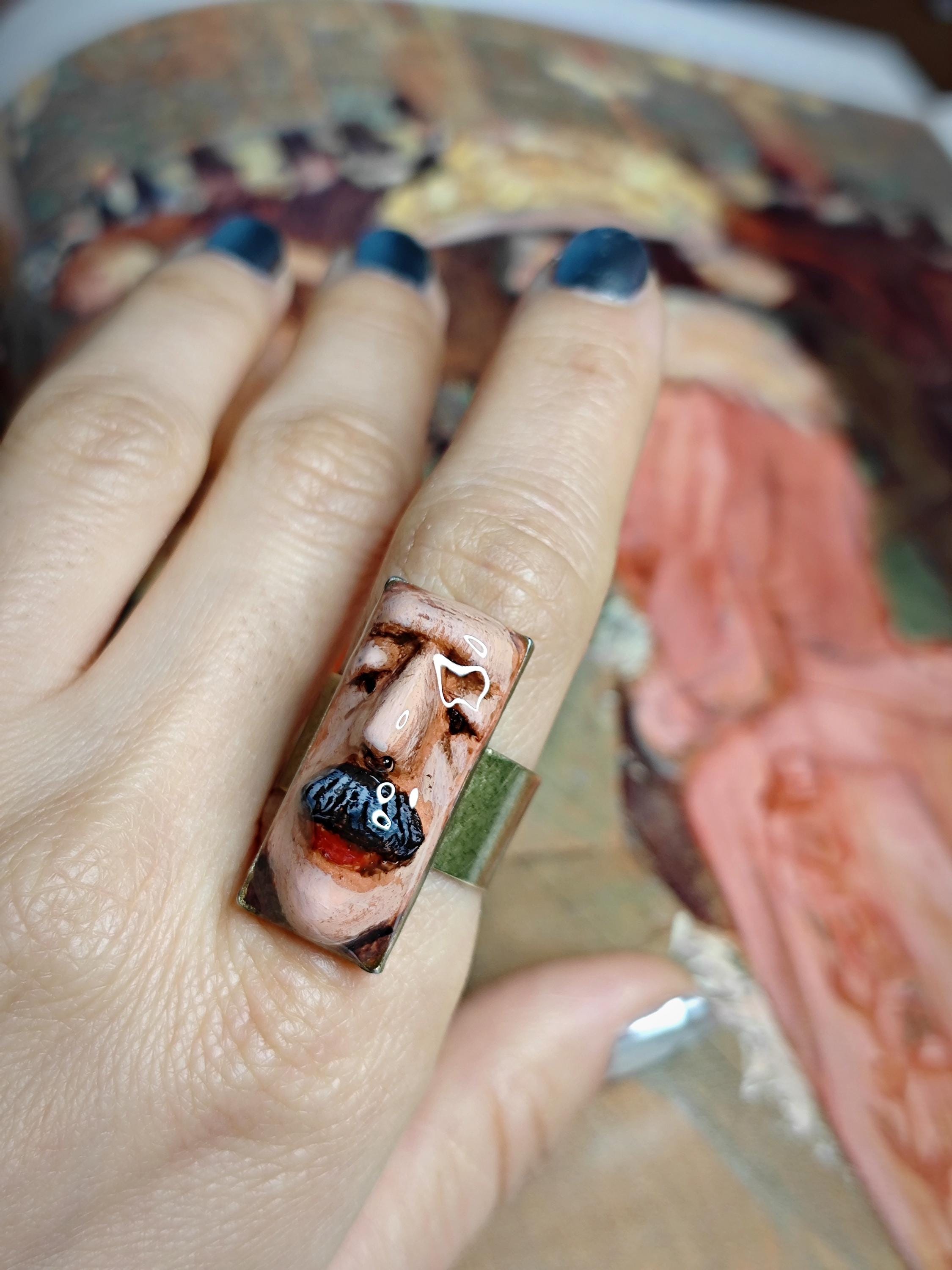 Mustache Face Ring ā Handmade Clay & Resin Surreal Statement Jewelry, Sculptural Wearable Art on Adjustable Copper Zinc Alloy Band OOAK