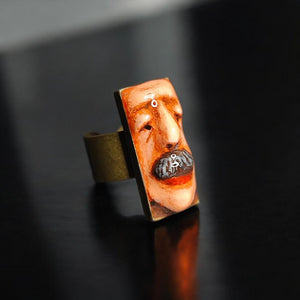 Mustache Face Ring ā Handmade Clay & Resin Surreal Statement Jewelry, Sculptural Wearable Art on Adjustable Copper Zinc Alloy Band OOAK
