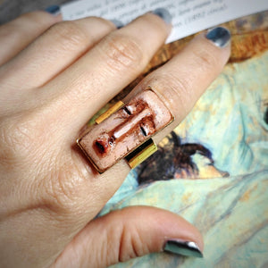 Closed Eyes Ring ā Handmade Clay & Resin Surreal Statement Jewelry, Sculptural Wearable Art on Adjustable Copper Zinc Alloy Band OOAK