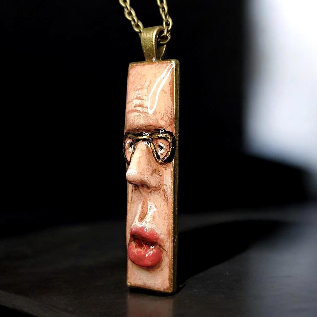 Man with Glasses Necklace ā Handmade Clay & Resin Surreal Statement Jewelry, Sculptural Wearable Art with Alloy Pendant / Chain OOAK