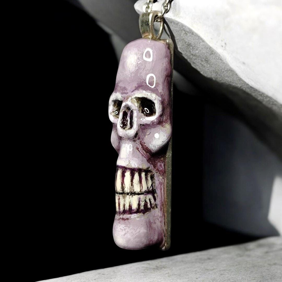 Skull Necklace ā Handmade Clay & Resin Surreal Statement Jewelry, Gothic Sculptural Wearable Art with Alloy Pendant / Chain OOAK