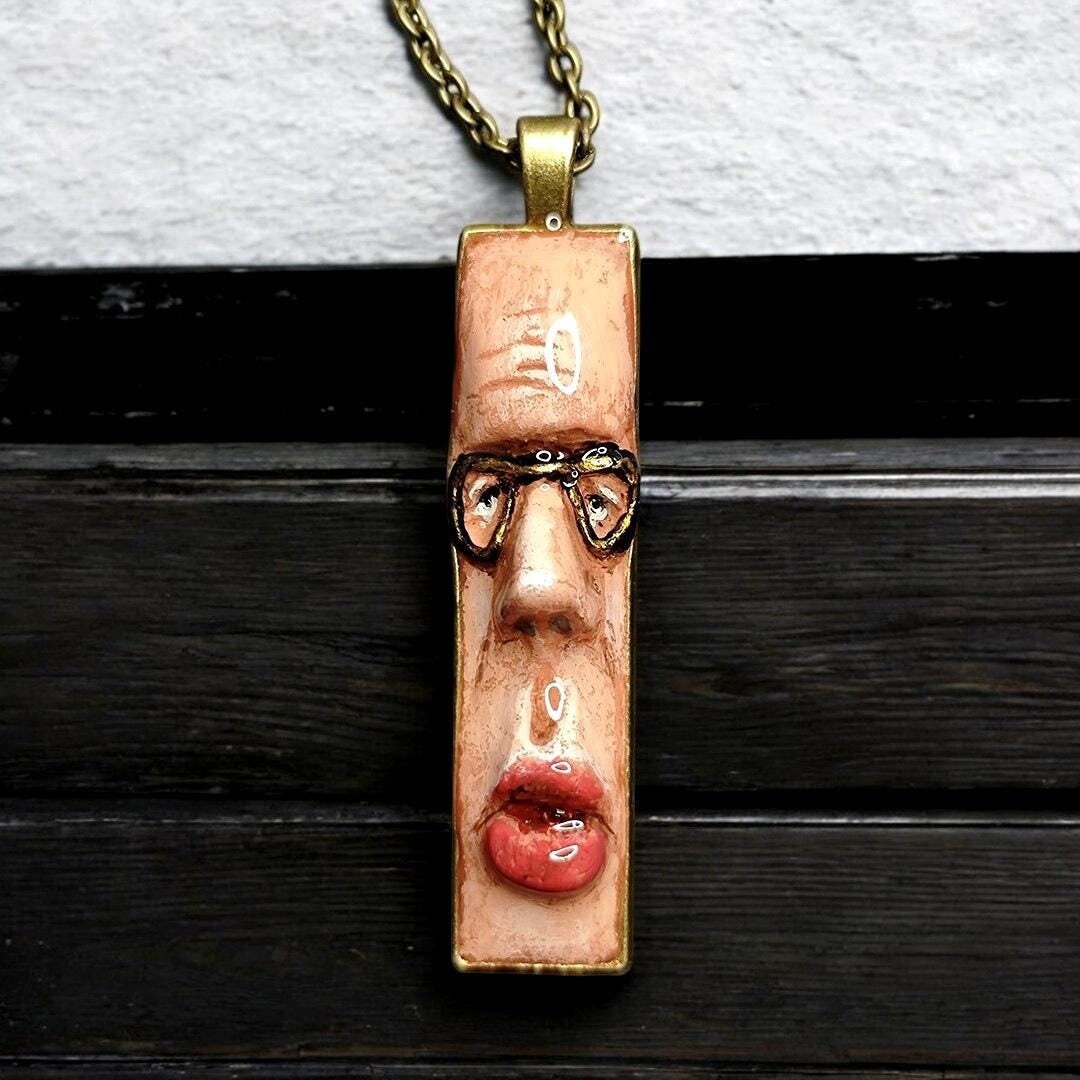 Man with Glasses Necklace – Handmade Clay & Resin Surreal Statement Jewelry, Sculptural Wearable Art with Alloy Pendant / Chain OOAK