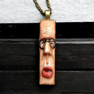 Man with Glasses Necklace ā Handmade Clay & Resin Surreal Statement Jewelry, Sculptural Wearable Art with Alloy Pendant / Chain OOAK