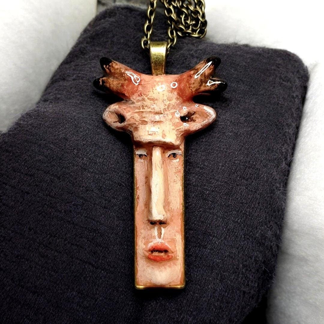 Human Deer Chimera Necklace – Handmade Clay Resin Surreal Statement Jewelry, Sculptural Fantasy Wearable Art with Alloy Pendant / Chain OOAK