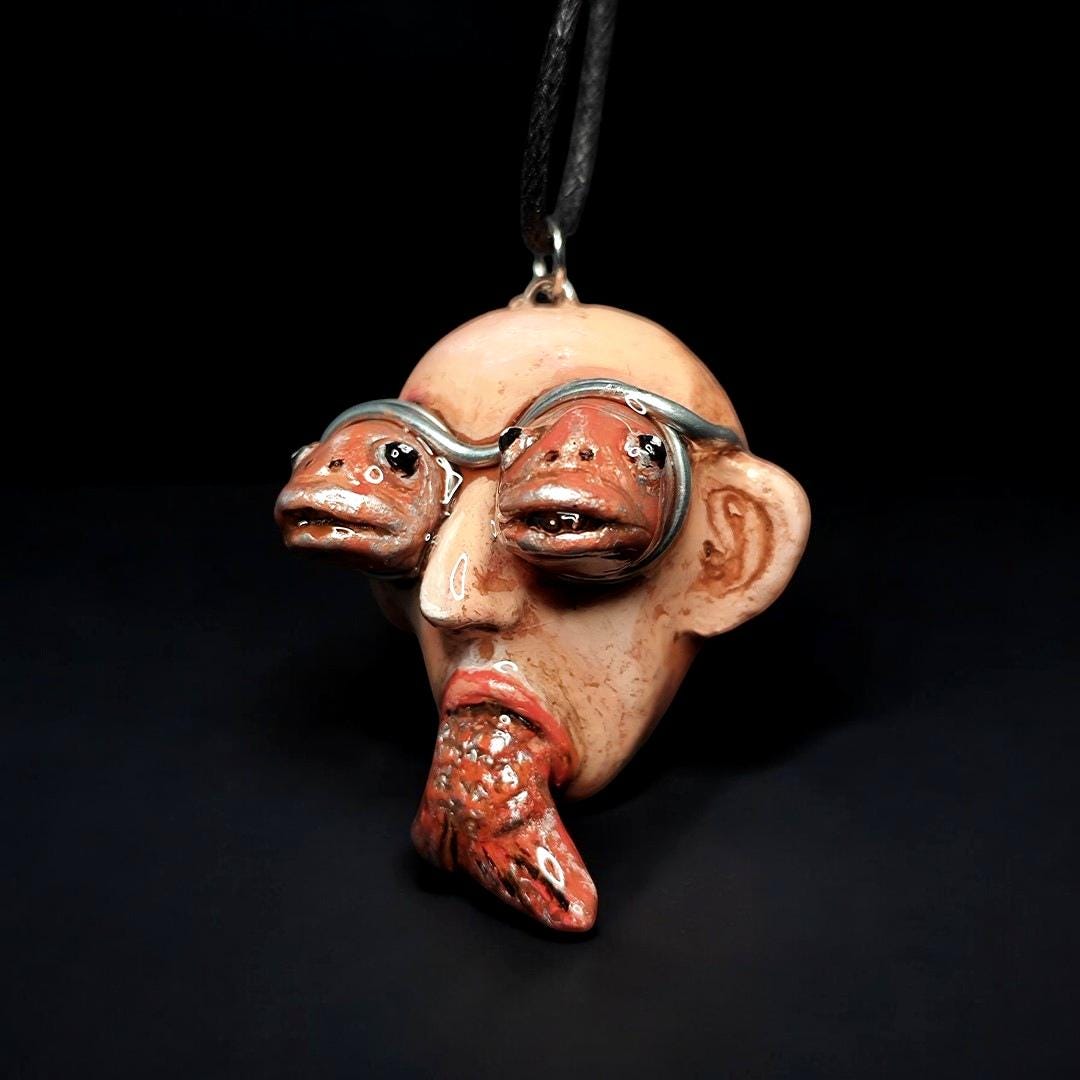 Fish Through Face Necklace ā Handmade Clay & Resin Surreal Statement Jewelry, Sculptural Wearable Art OOAK