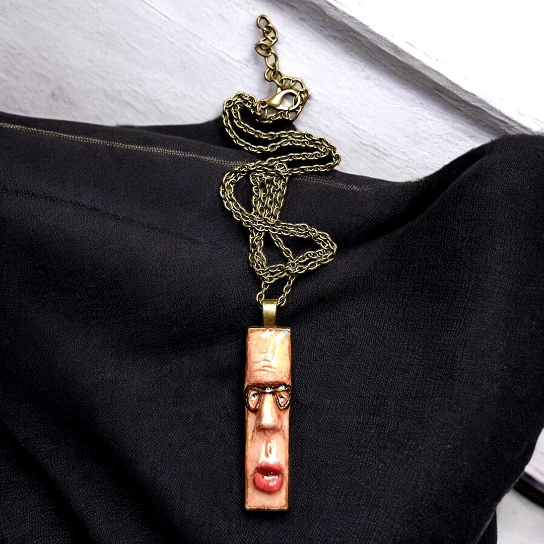 Man with Glasses Necklace ā Handmade Clay & Resin Surreal Statement Jewelry, Sculptural Wearable Art with Alloy Pendant / Chain OOAK