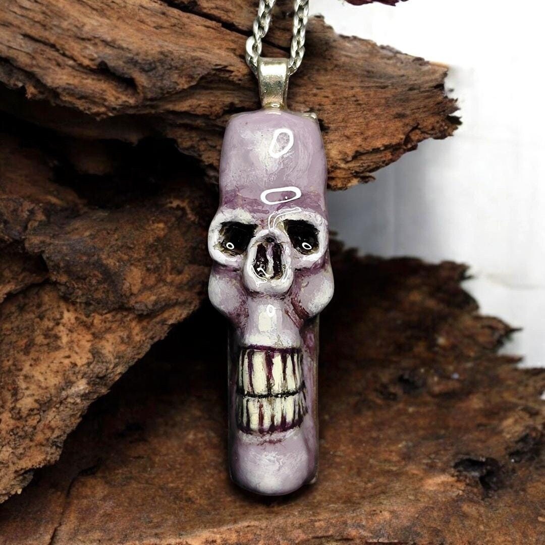 Skull Necklace – Handmade Clay & Resin Surreal Statement Jewelry, Gothic Sculptural Wearable Art with Alloy Pendant / Chain OOAK