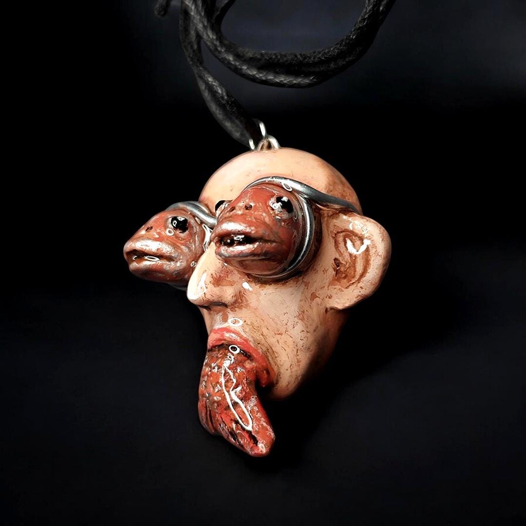 Fish Through Face Necklace ā Handmade Clay & Resin Surreal Statement Jewelry, Sculptural Wearable Art OOAK