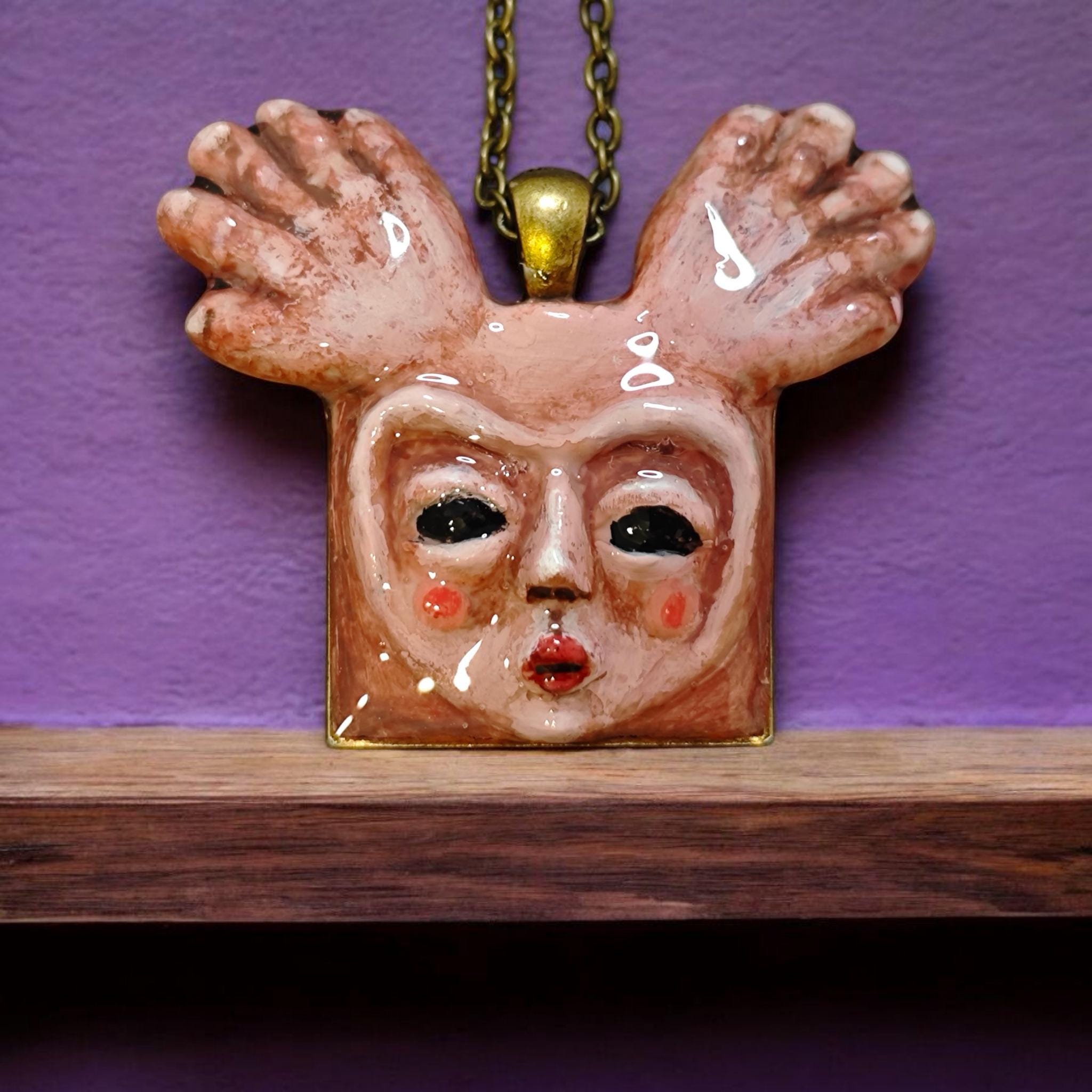 Human Deer Chimera Necklace – Handmade Clay Resin Surreal Statement Jewelry, Sculptural Fantasy Wearable Art with Alloy Pendant / Chain OOAK