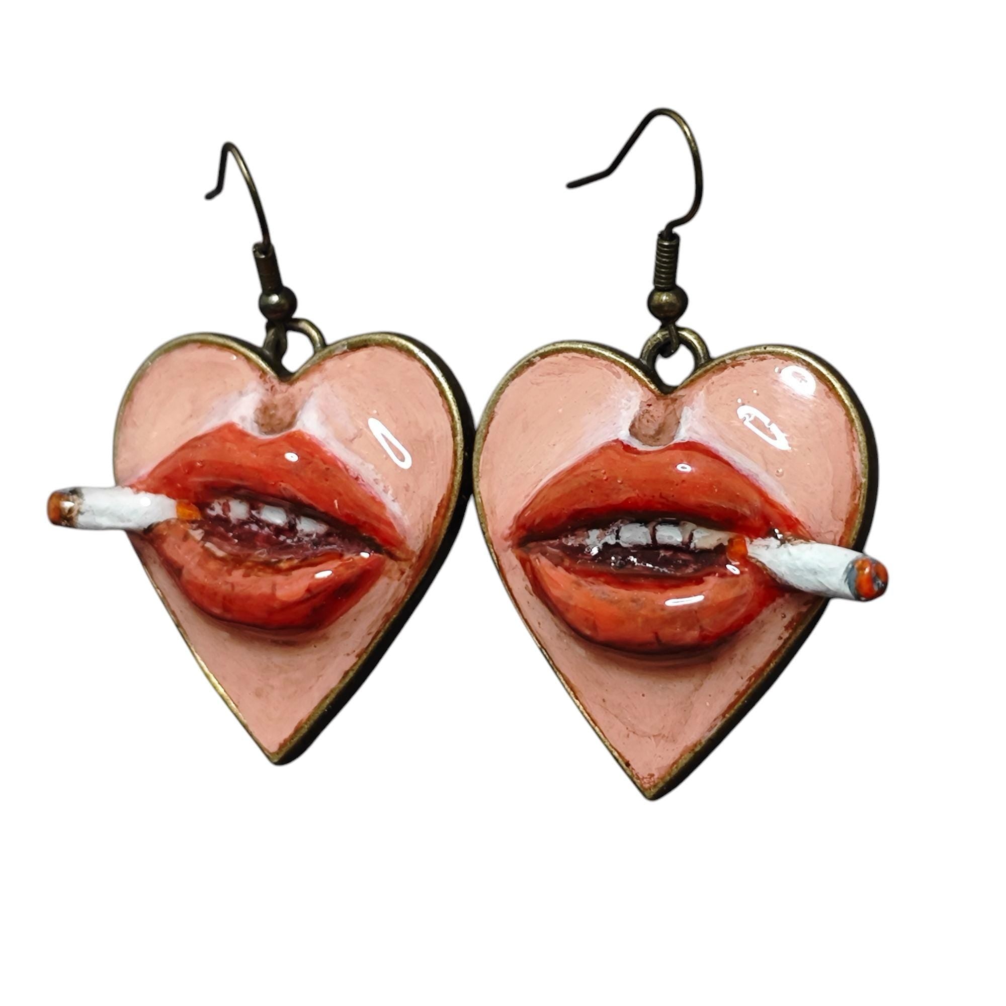 Heart Cigar Earrings ā Handmade Clay & Resin Surreal Statement Jewelry, Sculptural Wearable Art with Zinc Alloy Hooks