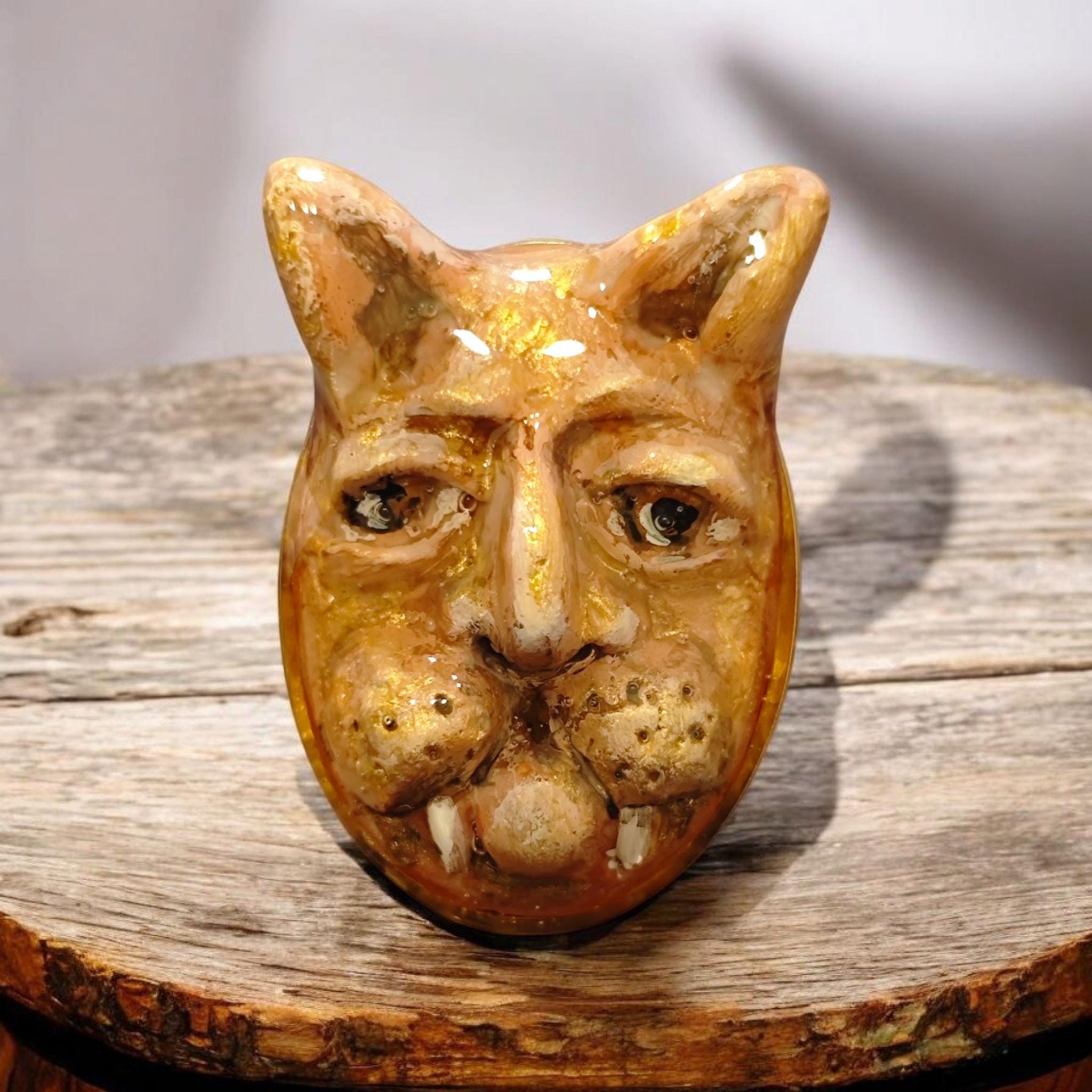Human Cat Chimera Ring – Handmade Clay Surreal Statement Jewelry, Sculptural Fantasy Wearable Art on Adjustable Stainless Steel Band OOAK