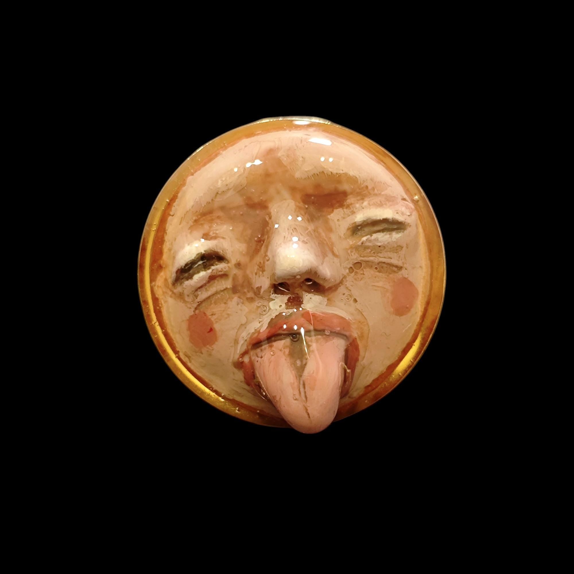 Tongue Out Face Ring ā Handmade Clay & Resin Surreal Statement Jewelry, Closed Eyes Sculptural Wearable Art, Adjustable Stainless Steel Band