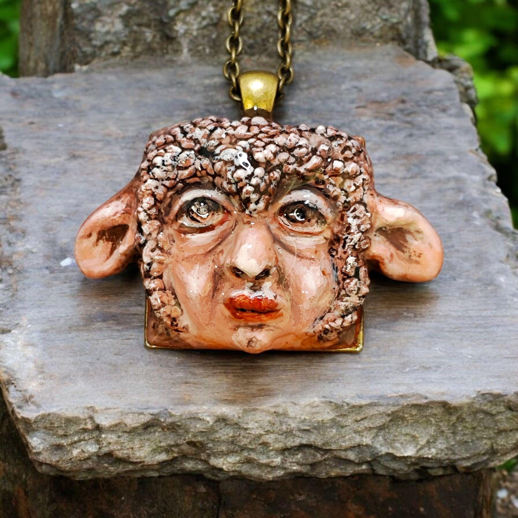 Human Sheep Chimera Necklace – Handmade Clay Surreal Statement Jewelry, Sculptural Fantasy Wearable Art with Alloy Pendant / Chain OOAK