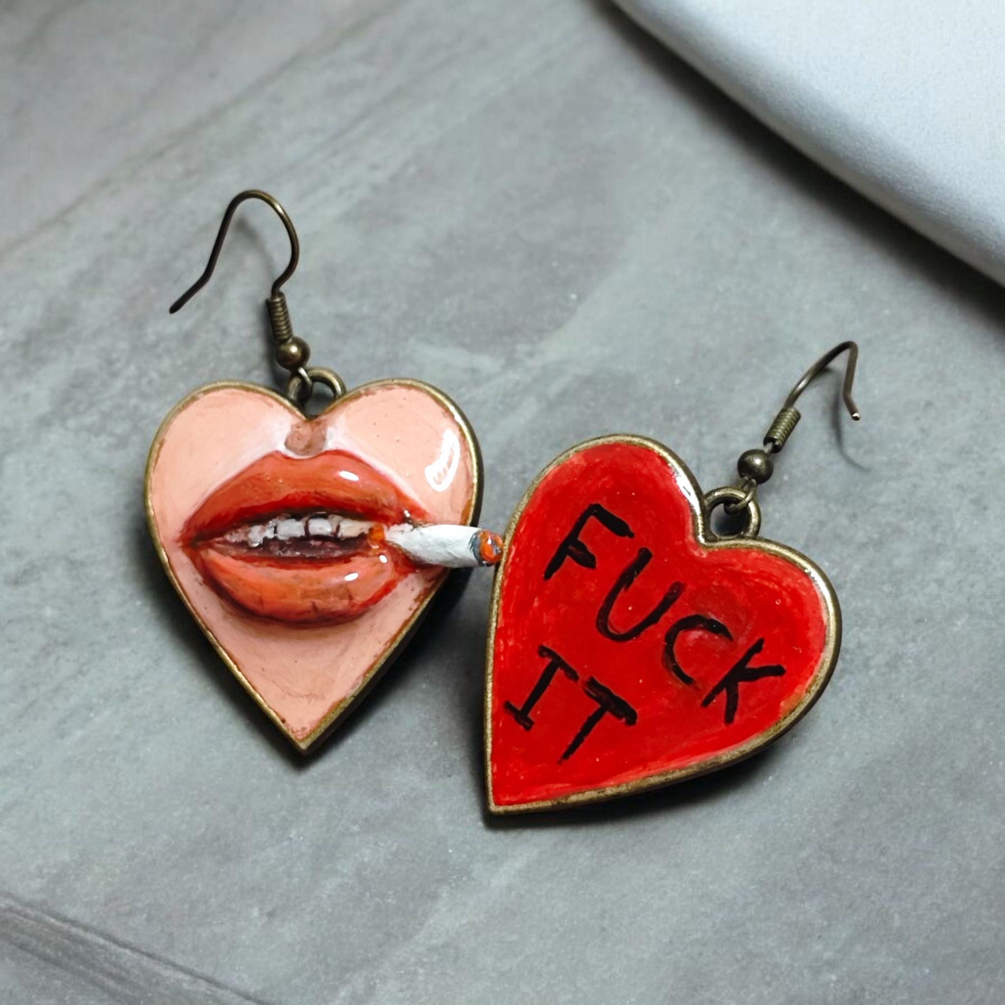 Heart Cigar Earrings ā Handmade Clay & Resin Surreal Statement Jewelry, Sculptural Wearable Art with Zinc Alloy Hooks