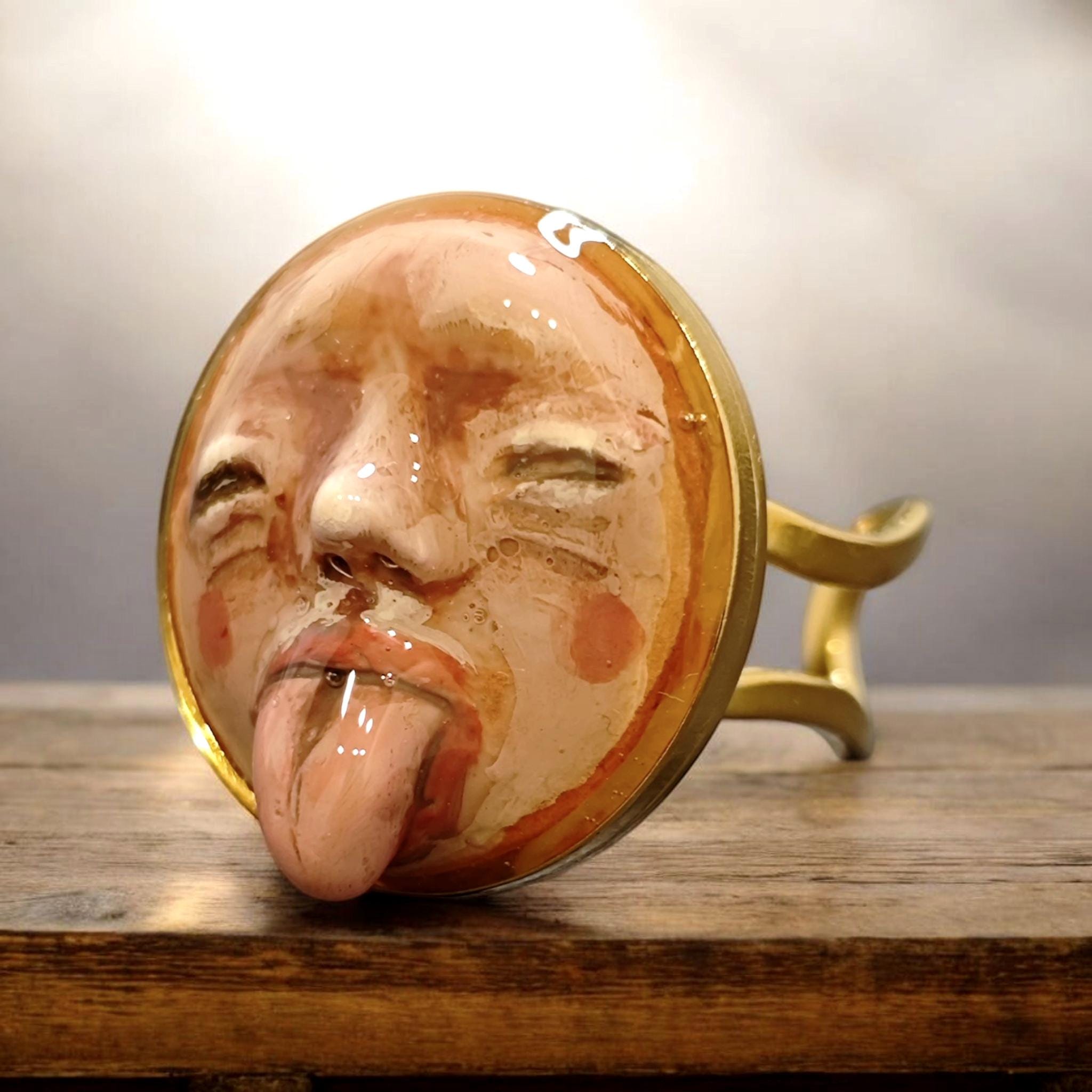 Tongue Out Face Ring – Handmade Clay & Resin Surreal Statement Jewelry, Closed Eyes Sculptural Wearable Art, Adjustable Stainless Steel Band