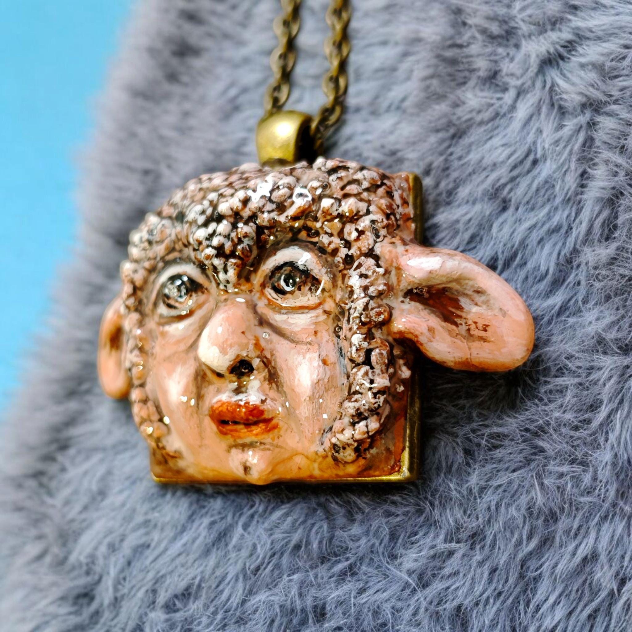 Human Sheep Chimera Necklace – Handmade Clay Surreal Statement Jewelry, Sculptural Fantasy Wearable Art with Alloy Pendant / Chain OOAK