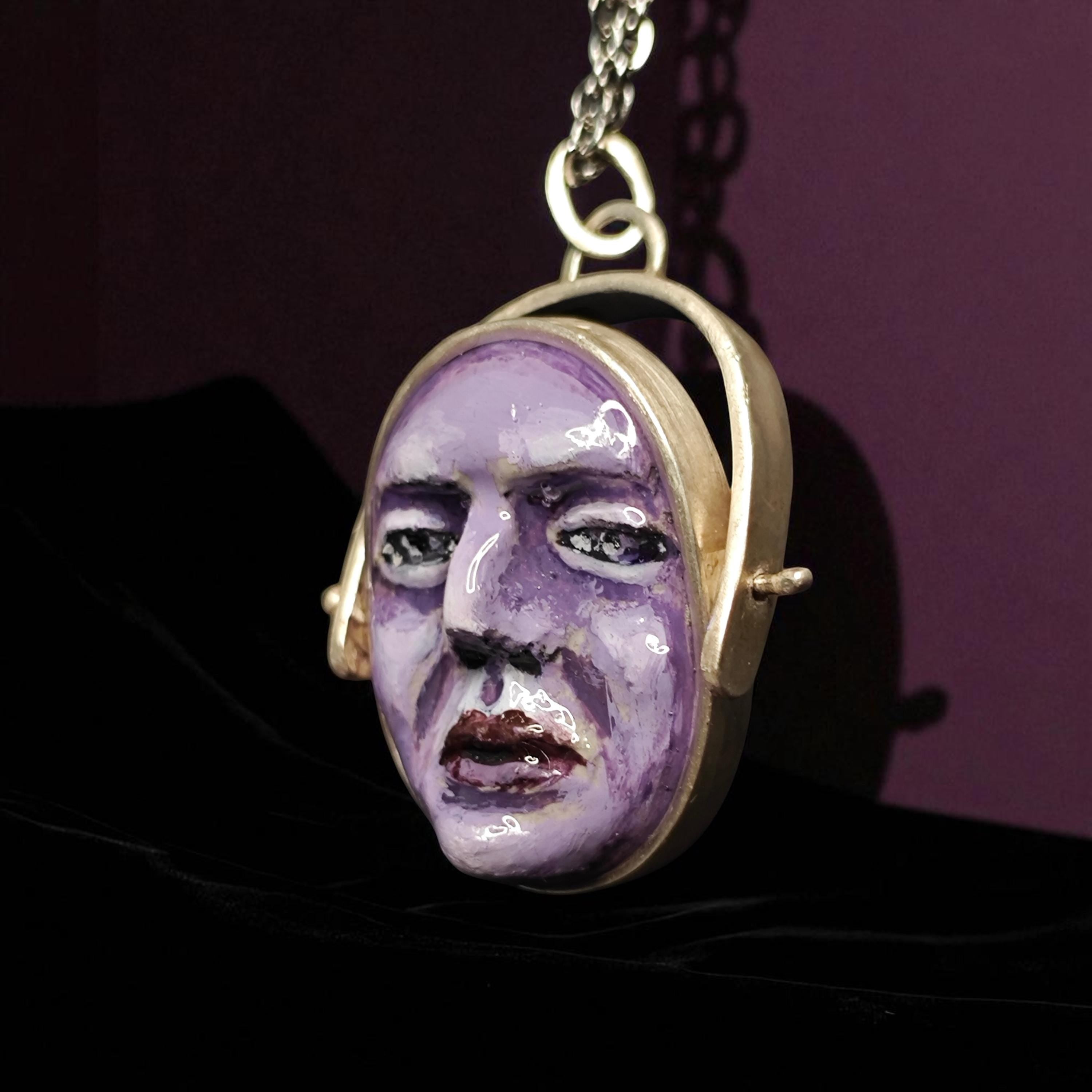 Two Faces Pendant – Handmade Clay Surreal Necklace, Mythic Statement Jewelry with 925 Sterling Silver Pendant / Chain OOAK