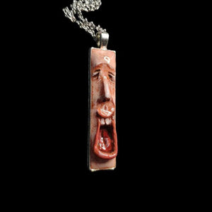 Laughing Man Necklace ā Handmade Clay & Resin Surreal Statement Jewelry, Sculptural Wearable Art with Alloy Pendant / Chain OOAK