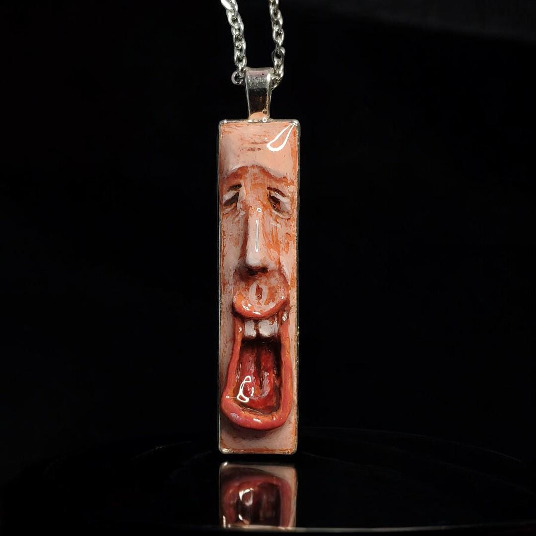 Laughing Man Necklace – Handmade Clay & Resin Surreal Statement Jewelry, Sculptural Wearable Art with Alloy Pendant / Chain OOAK