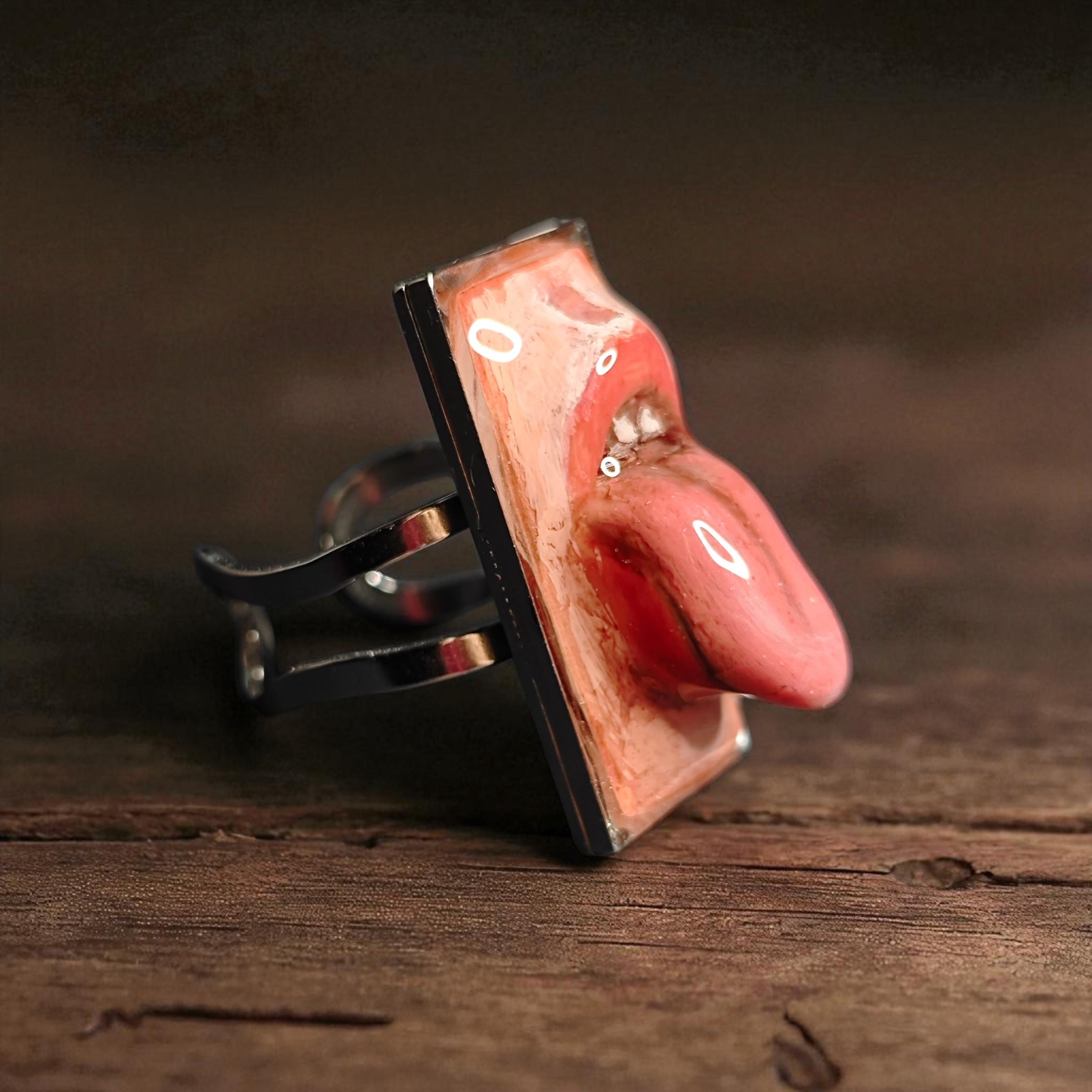 Tongue Out Face Ring ā Handmade Clay & Resin Dark Surreal Statement Jewelry, Sculptural Wearable Art on Adjustable Stainless Steel Band