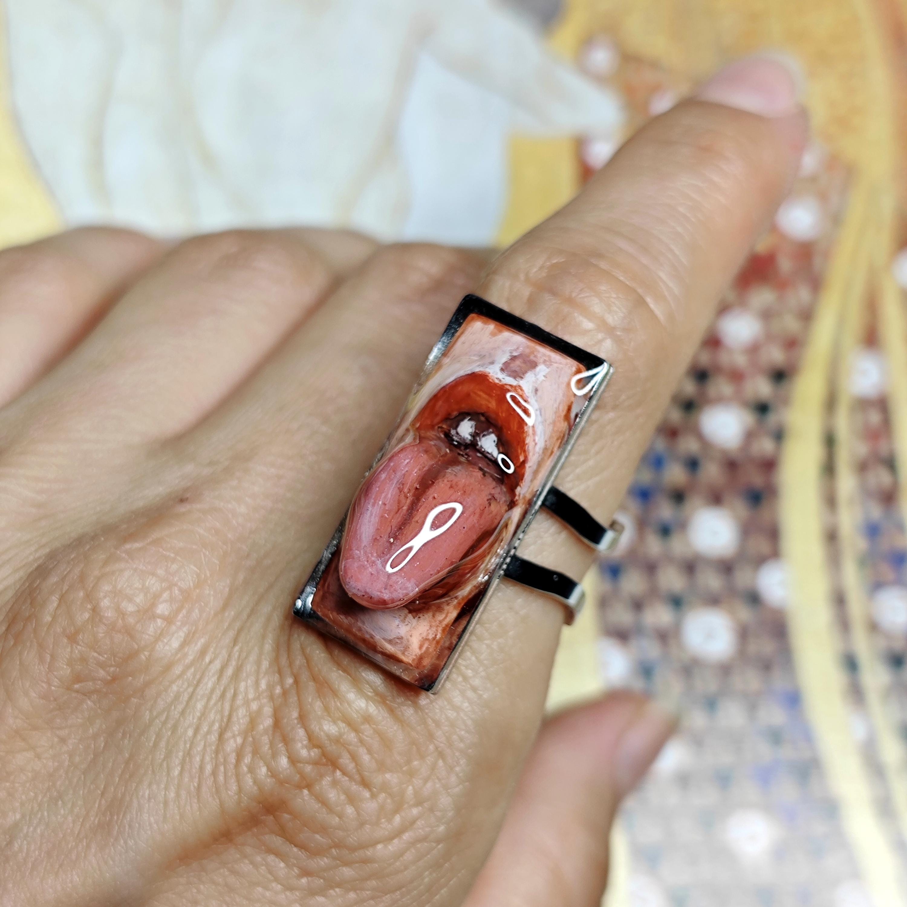 Tongue Out Face Ring ā Handmade Clay & Resin Dark Surreal Statement Jewelry, Sculptural Wearable Art on Adjustable Stainless Steel Band