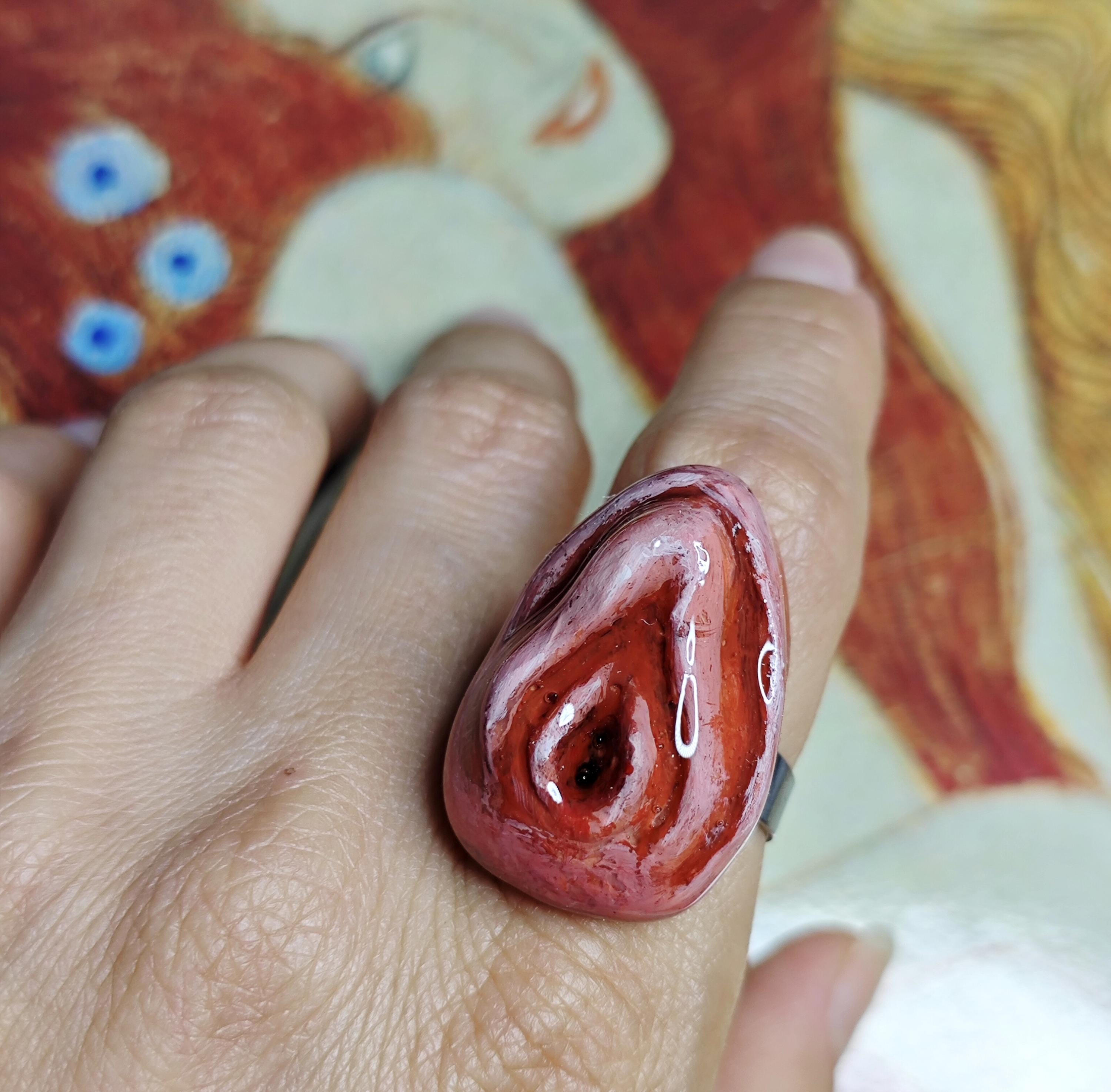 Feminine Form Ring ā Handmade Clay & Resin Surreal Body-Inspired Statement Jewelry, Sculptural Wearable Art on Adjustable Stainless Steel