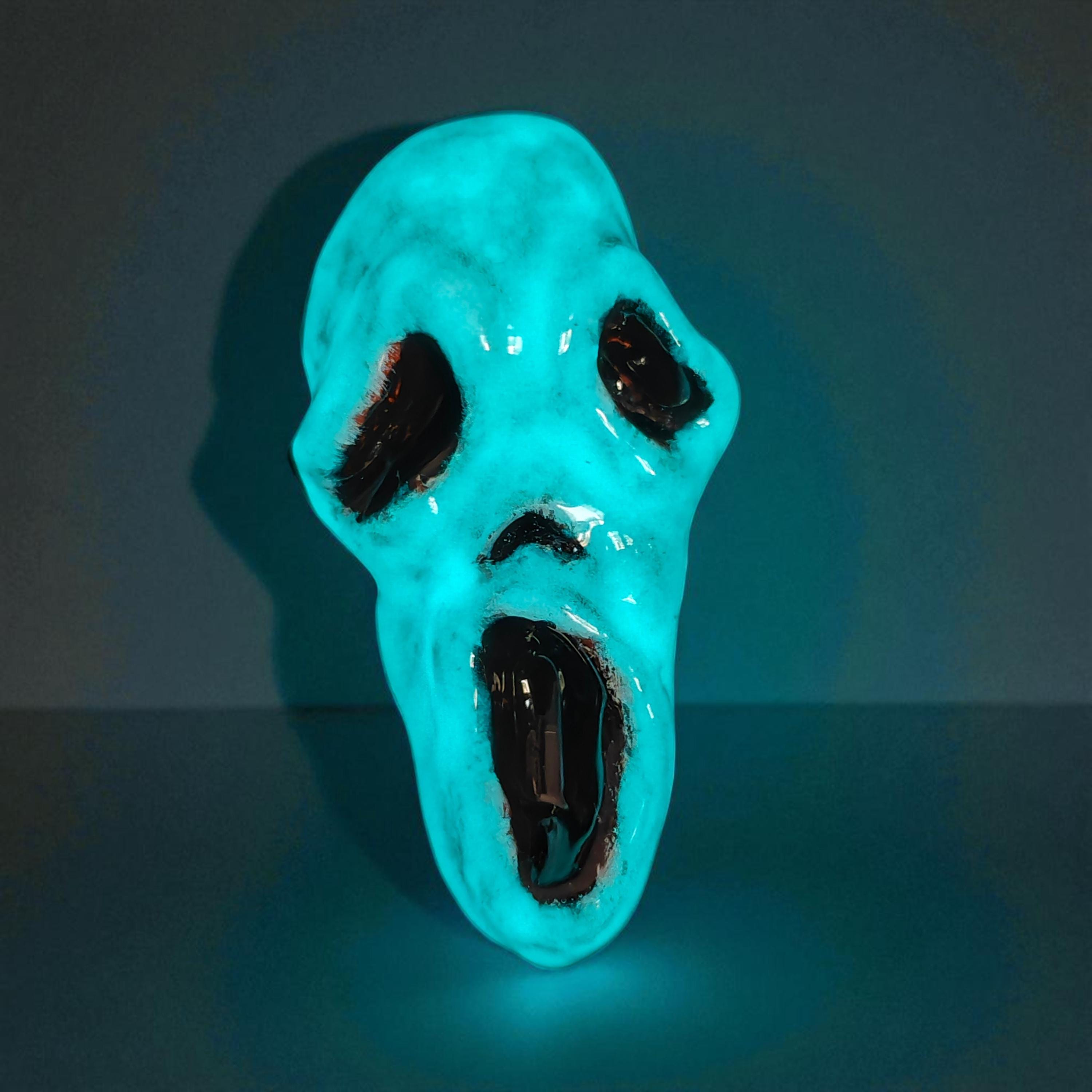 Scream Mask Glow Ring – Handmade Clay & Resin Horror Statement Jewelry, Dark Surreal Wearable Art on Adjustable Stainless Steel Band OOAK
