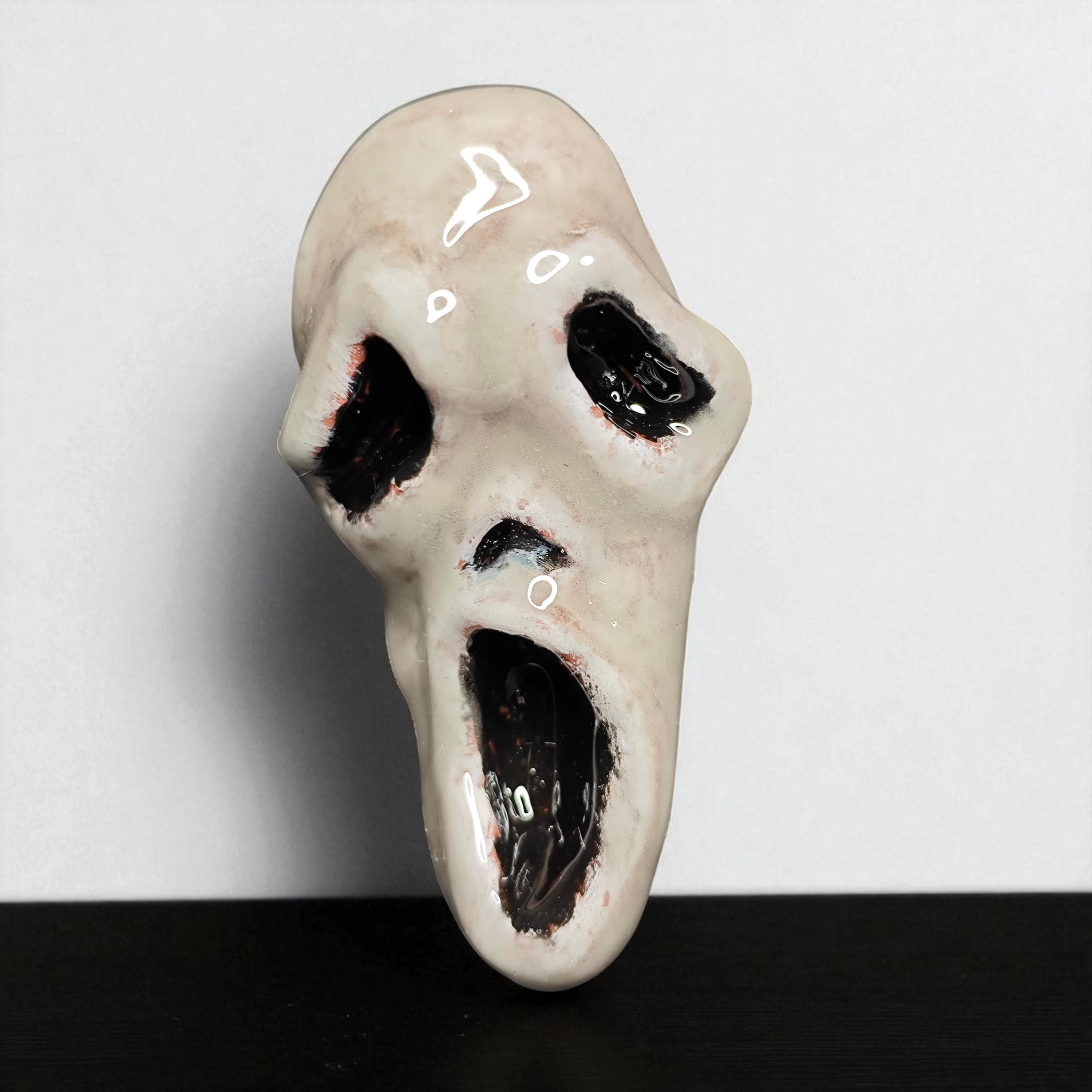 Scream Mask Glow Ring ā Handmade Clay & Resin Horror Statement Jewelry, Dark Surreal Wearable Art on Adjustable Stainless Steel Band OOAK
