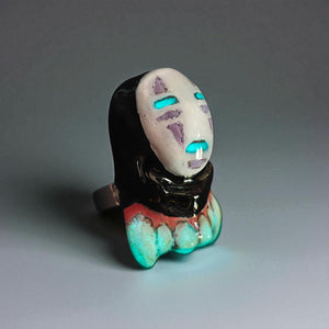 No Face Glow Ring ā Handmade Clay Dark Surreal Statement Jewelry, Sculptural Fantasy Wearable Art on Adjustable Stainless Steel Band OOAK