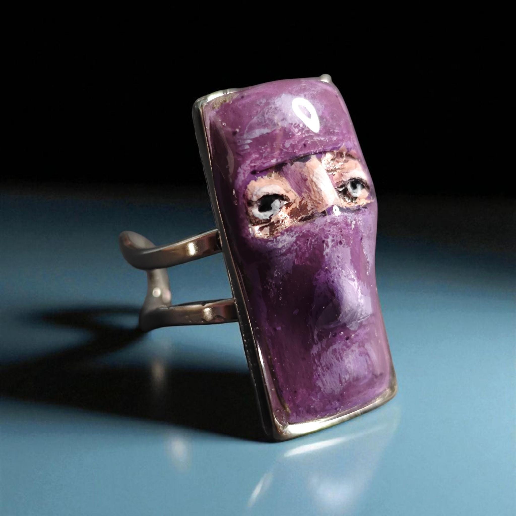 Masked Man Ring ā Handmade Clay Surreal Statement Jewelry, Ninja-Inspired Sculptural Wearable Art on Adjustable Stainless Steel Band OOAK